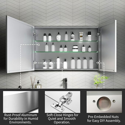 36x24 Inch Recessed Medicine Cabinet with Mirror, Aluminum Medicine Cabinet Mirror, Recessed or Surface Mount with 2 Adjustable Shelves Storage Organizer, Pre-Assembled Door, Soft-Closed System