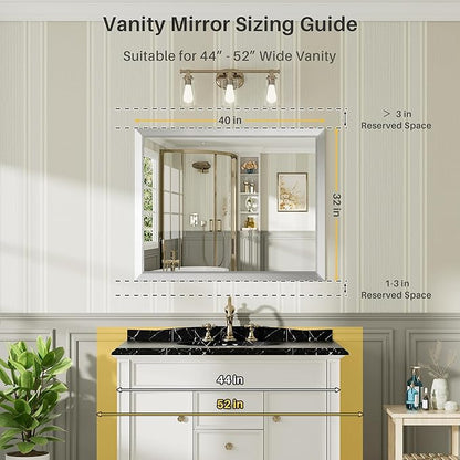 40x32 Inch Brushed Silver Bathroom Mirror for Wall, Thick Metal Framed Rectangle Mirrors for Over Sink, Bedroom, Living Room, Entryway, Anti-Rust, HD Tempered Glass