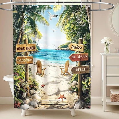 Luxury Summer Beach Shower Curtain Modern Coastal Tropical Palm Tree Pretty | Unique Shower Curtains for Bathroom, Waterproof Bath Curtain with Hooks Machine Washable Bathtub Curtains 60x72 Inch Geeen