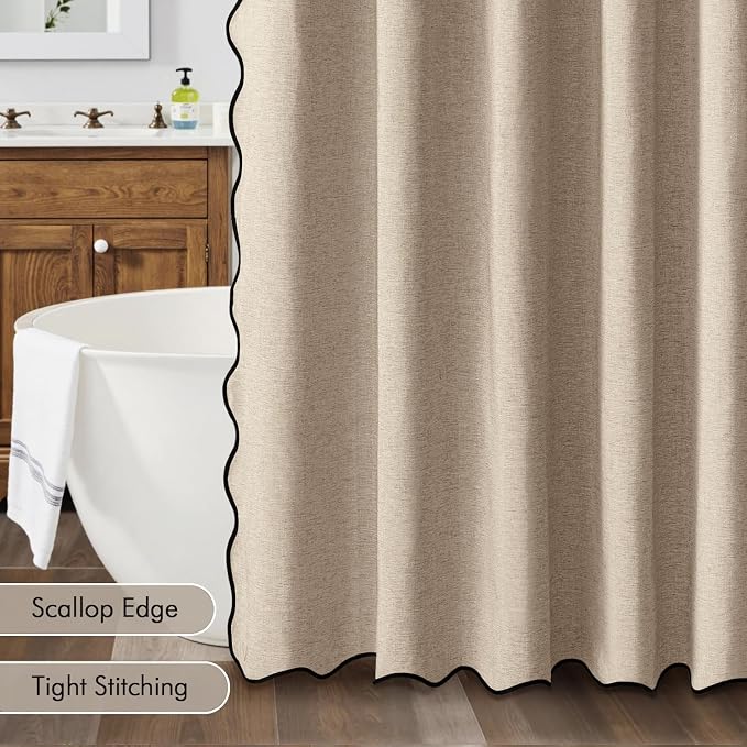 MIULEE Copper Brown Scalloped Linen Shower Curtain 72x78 Inches | Linen Textured, Waterproof, Washable, 12 Metal Hooks, Heavy Duty Cloth, Black Border, Shower Curtain for Bathroom Bathtub