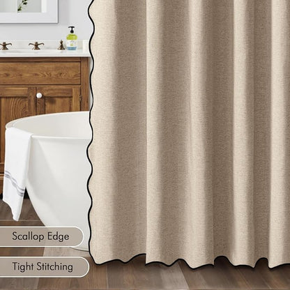 MIULEE Copper Brown Scalloped Linen Shower Curtain 72x78 Inches | Linen Textured, Waterproof, Washable, 12 Metal Hooks, Heavy Duty Cloth, Black Border, Shower Curtain for Bathroom Bathtub
