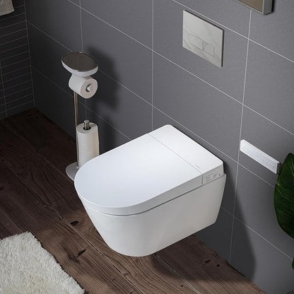 WOODBRIDGE Wall-Hung Smart Toilet with Dual-flush, Bidet Wash Function, Heated Seat & Dryer, Concealed Tank system and White Marble Stone Slim Flush Plates, LT611+ SWHT611+FP611-WH