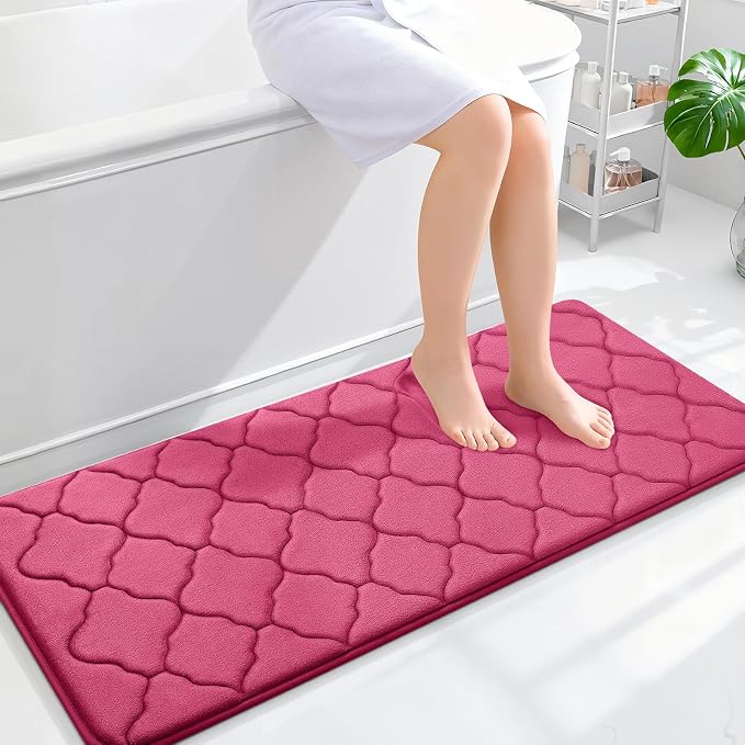 OLANLY Memory Foam Bath Mat Rug 47x20, Ultra Soft and Absorbent Bathroom Rugs, Non-Slip, Comfortable, Machine Washable Bath Carpet for Bathroom Floor, Tub, Shower and Home Decor Accessories, Deep Pink