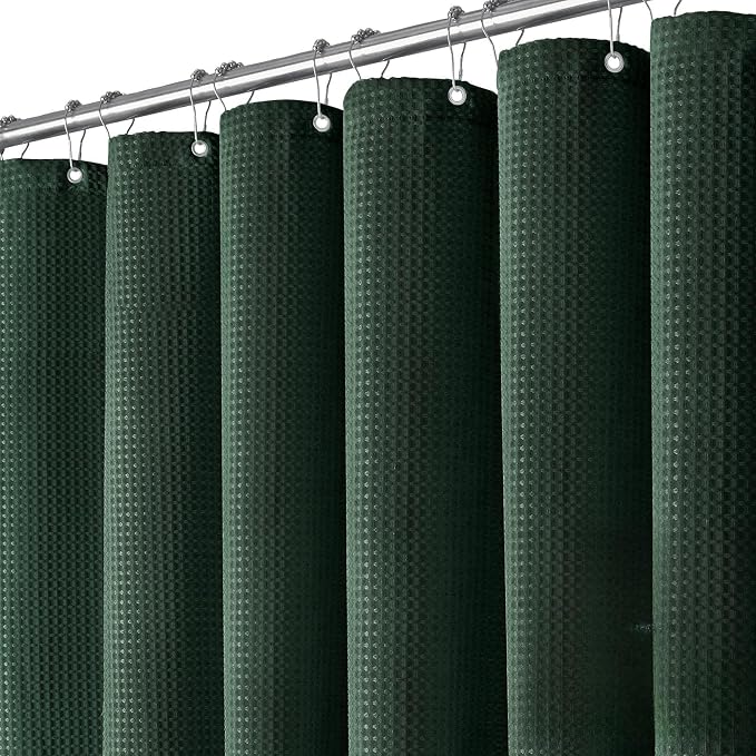 Long Waffle Shower Curtain 256 GSM Heavy Fabric 72x78 Dark Green | 78 Inch Long, Thick Cloth, Weighted Hem, Water Repellent, Tall Hotel Luxury Polyester Shower Curtains for Bathroom 12 Hooks
