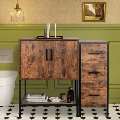 UEV 36" Antique Bathroom Vanity, Dark Brown Bathroom Vanity Set with 3 Drawers Side Cabinet Combo, Iron Wood Bathroom Cabinet for Bathroom (Without Sink)