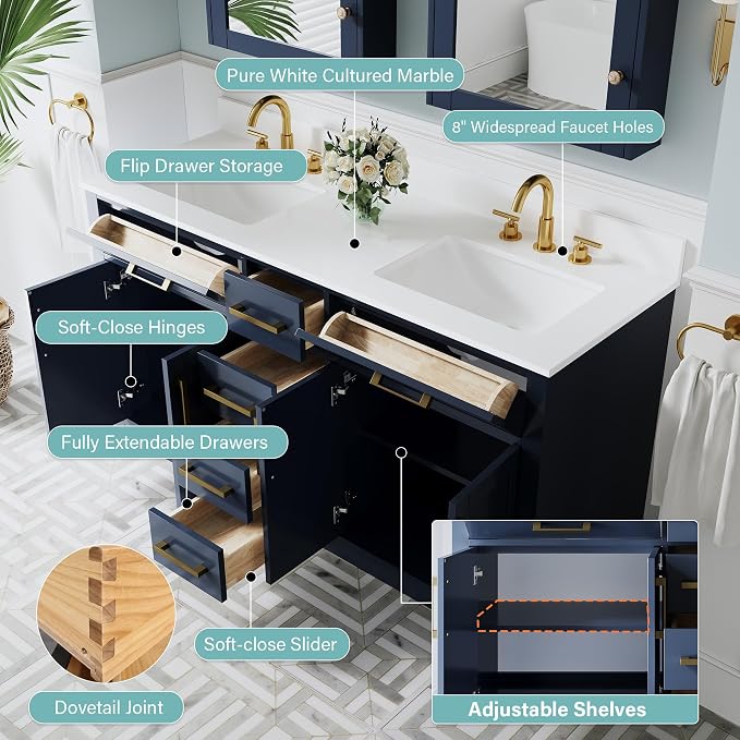 60-Inch Bathroom Vanity with Double Sinks W/ 4 Doors & 4 Drawers & 2 Flip Drawers, Navy Blue Vanity W/Brushed Gold Handles