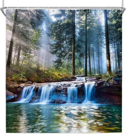 Waterfalls Shower Curtains Outdoor Natural Scenery Forest Sunshine Tree Plant Landscape Courtyard Bathroom Decor Polyester Fabric Curtain Set 106 x 70 Inch with Hooks