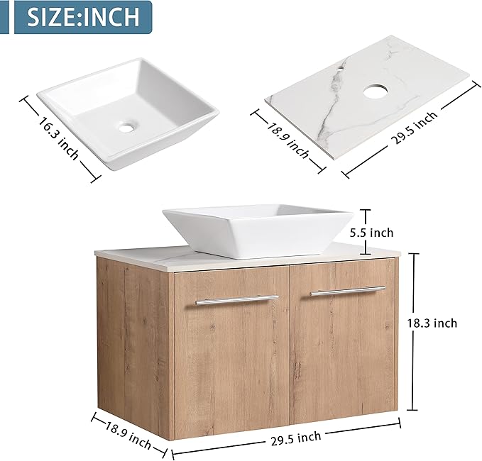 30" Floating Vanity with Sink, 30 Inch Bathroom Vanity with Sink, Modern Plywood Floating Cabinet with Sintered Stone Countertop and White Ceramic Basin, Soft Close Doors