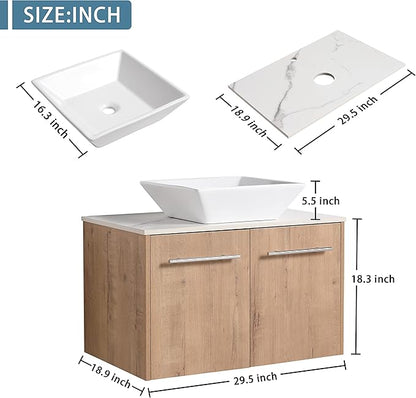 30" Floating Vanity with Sink, 30 Inch Bathroom Vanity with Sink, Modern Plywood Floating Cabinet with Sintered Stone Countertop and White Ceramic Basin, Soft Close Doors