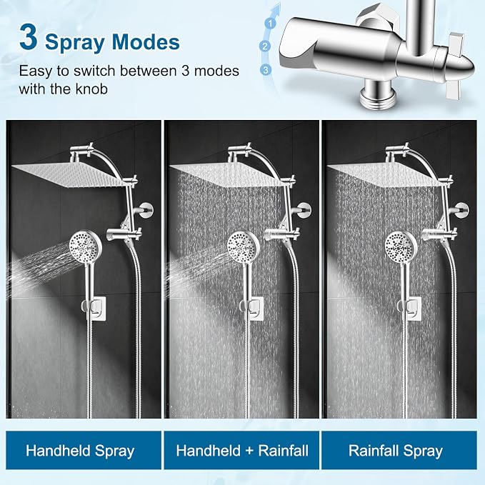 Hibbent All Metal 12" High Pressure Rain Shower Head Combo, Chrome | cUPC Certified Rainfall Shower Head with handheld 10 Sprays, 16'' Adjustable Extension Arm, 71'' Hose, Showerhead Holder