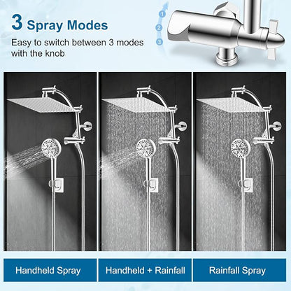 Hibbent All Metal 12" High Pressure Rain Shower Head Combo, Chrome | cUPC Certified Rainfall Shower Head with handheld 10 Sprays, 16'' Adjustable Extension Arm, 71'' Hose, Showerhead Holder