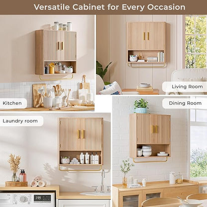 Bathroom Cabinet Wall Mount with Fluted Door Panel & Adjustable Shelf, Medicine Cabinet with Open Partition and Towel Bar, Wall Storage Cabinet for Laundry Room & Kitchen (Natural Oak)