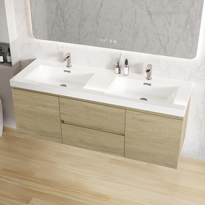 60 Inch Floating Bathroom Vanity with Double Sink, Large Storage Wall Mounted Floating Vanity with Soft Close Drawers, One-Piece Basin Bathroom Sink Cabinet (Natural Oak, 60" Double Sink)
