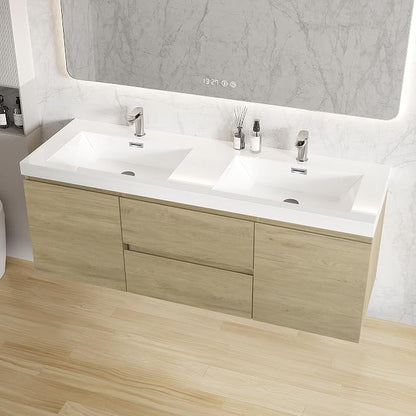 60 Inch Floating Bathroom Vanity with Double Sink, Large Storage Wall Mounted Floating Vanity with Soft Close Drawers, One-Piece Basin Bathroom Sink Cabinet (Natural Oak, 60" Double Sink)
