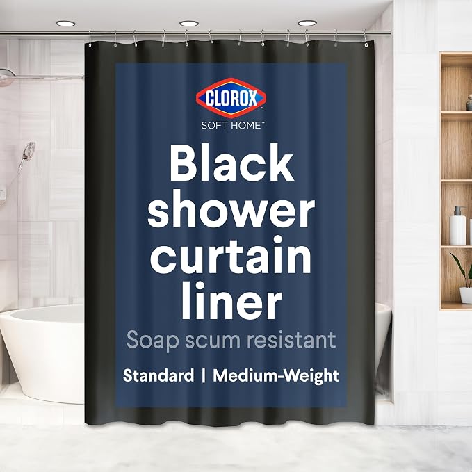 Clorox Shower Curtain Liner, Premium Medium Weight Flexible Waterproof 6g PEVA for Bathroom with Weighted Magnets, Standard Size 72" x 72", Black 1 Pack