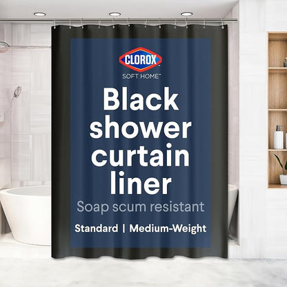 Clorox Shower Curtain Liner, Premium Medium Weight Flexible Waterproof 6g PEVA for Bathroom with Weighted Magnets, Standard Size 72" x 72", Black 1 Pack