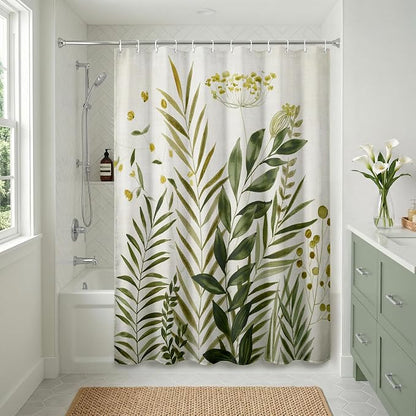 Americanflat 71x74 Botanical Shower Curtain - Water-Resistant Long Shower Curtain with Durable Metal Grommets and 12 Hooks - 100% Polyester - Ivory, Muted Yellow and Green Bathroom Curtains