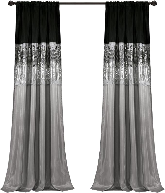 Lush Decor Night Sky Window Curtain Panel, Single, 42" W x 95" L, Black & Gray - Sequin Curtains - Sparkle & Color Block Design - Modern Glam Decor - Long Curtains For Bedroom & Living Room