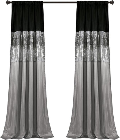 Lush Decor Night Sky Window Curtain Panel, Single, 42" W x 95" L, Black & Gray - Sequin Curtains - Sparkle & Color Block Design - Modern Glam Decor - Long Curtains For Bedroom & Living Room