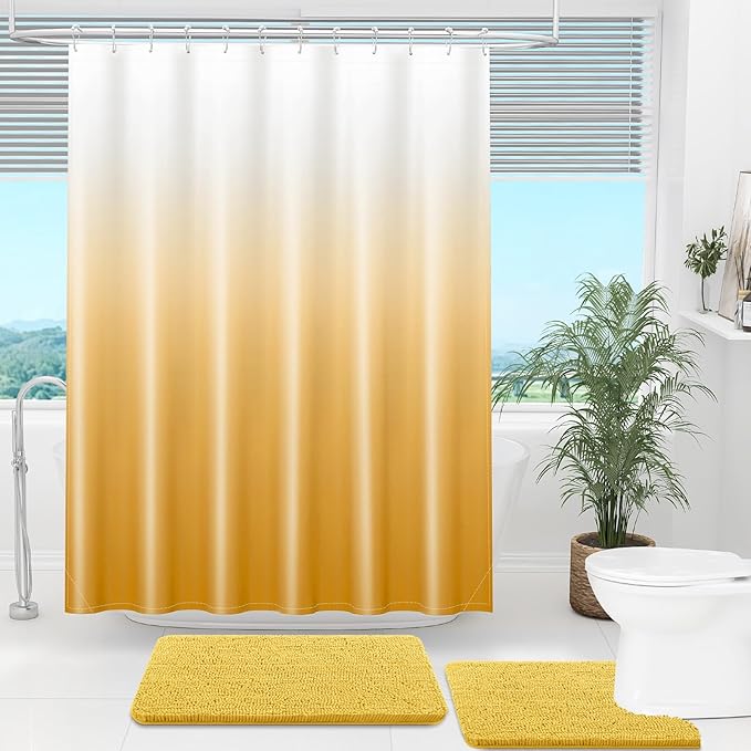 OLANLY Luxury Yellow and White Ombre Shower Curtain Sets with 12 Hooks, Waterproof and Washable Decorative Shower Curtains for Bathroom, 72x72 Inches