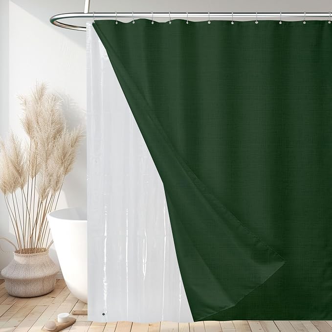 Shower Curtain and Liner, 3 in 1 Shower Curtain Set with 12 Double Sided Shower Curtain Hooks, 72x84 Cloth Shower Curtains for Bathroom,Waterproof, Dark Green