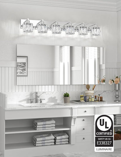 VOLISUN Crystal Vanity Lights - 6 Light Modern Stainless Steel Bathroom Light Over Mirror, Chrome Finish - UL Certificated (Exclude Bulb)