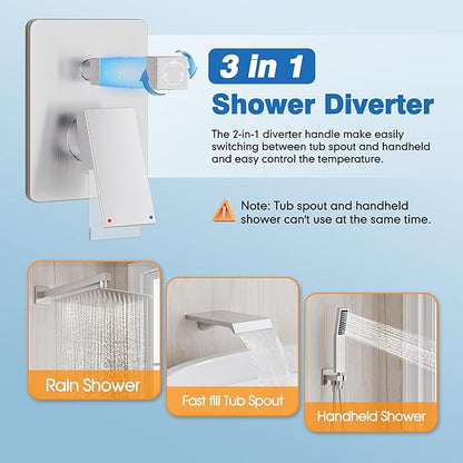 Shower System with Tub Spout, All Metal Tub Shower Faucet Set with 10'' Rain shower heads and handheld spray combo,Wall Mounted Tub Shower Systems with Valve and Trim Kit, Brushed Nickel