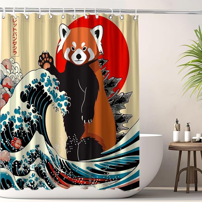 Funny Cute Red Panda Shower Curtain, Japan Animal Ocean Sea Wave Fabric Shower Curtains Set, Japanese Art Shower Curtains with Hooks, Kids Bathroom Art 72x72inch