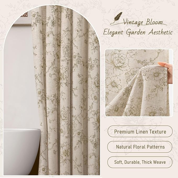 Farmhouse Floral Linen Shower Curtain, Vintage Beige Pattern Rustic Shower Curtains for Bathroom, Tan Taupe,72x72