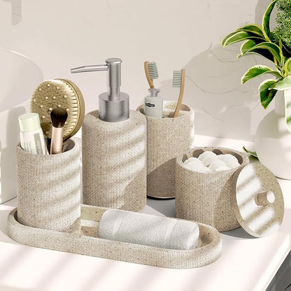 Clara Clark Bathroom Set - Beige Bathroom Accessories Set, 24PC Bathroom Accessory Set, Bathroom Sets with Shower Curtain Set, Adhesive Corner Shower Caddy Hanging & Soap Dispenser