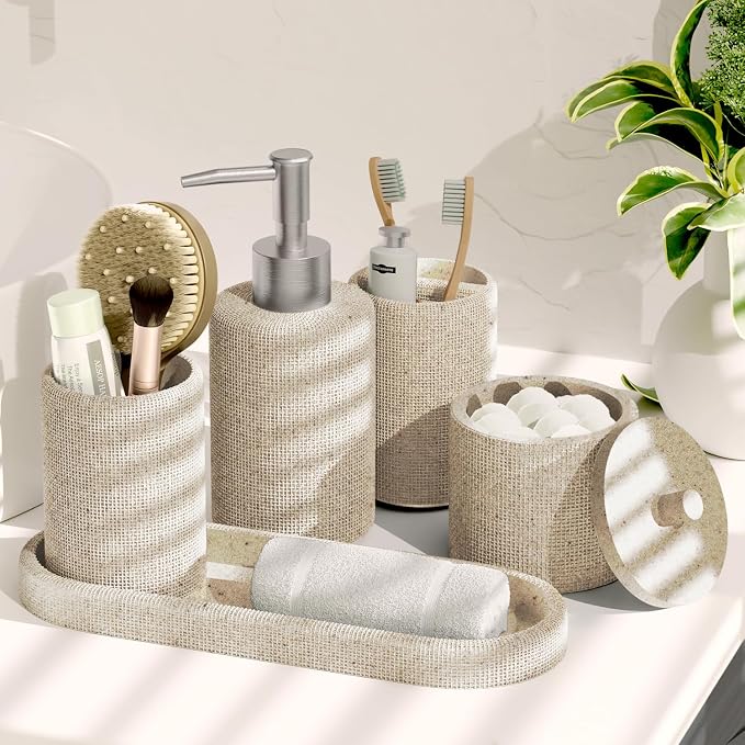 Clara Clark Bathroom Set - Beige Bathroom Accessories Set, 19PC Bathroom Accessory Set, Bathroom Sets with Shower Curtain Set, Soap Dispenser & Toothbrush Holder