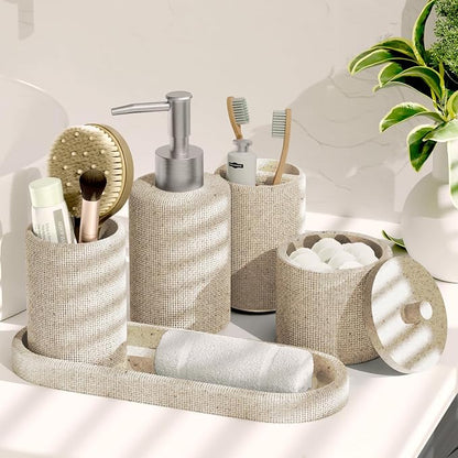 Clara Clark Bathroom Set - Beige Bathroom Accessories Set, 19PC Bathroom Accessory Set, Bathroom Sets with Shower Curtain Set, Soap Dispenser & Toothbrush Holder