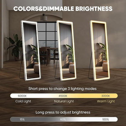DUMOS LED Mirror Full Length with Stand, 16"x60" Full Body Wall Mirror | LED Lights 3 Color Lighting and Shatterproof Tempered Glass, Wall Hanging or Leaning, Floor Standing, Modern Home Decor