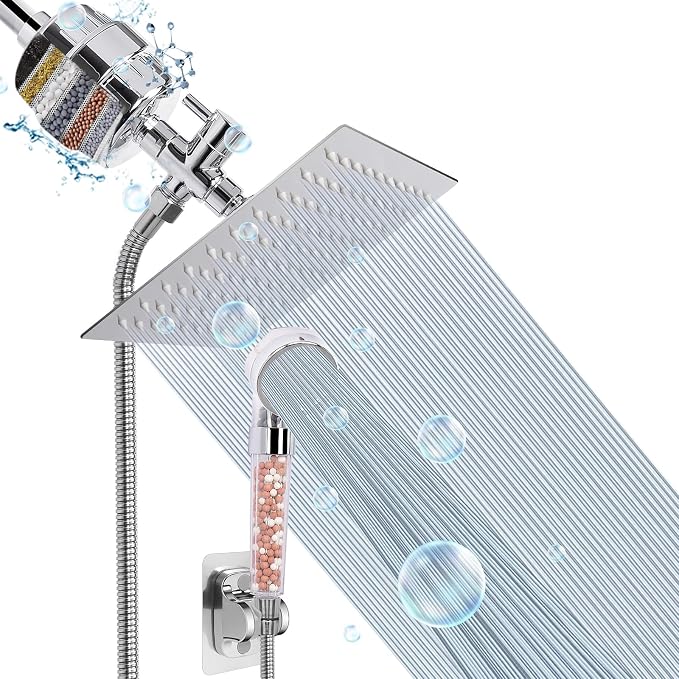Filter Shower Head, High Pressure 8 Inch Rainfull with Filter Combo for Hard Water, Remove Chlorine Fluoride and Harmful Substances- 1 Replaceable Filter Cartridge (Square, Chrome)