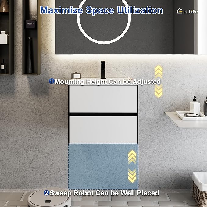 eclife 24" Bathroom Vanity Cabinet with Undermount White Sink Combo, Wall Mounted Floating Bathroom Cabinet with Colors Mixed Style, 2 Big Drawers & Matte Black Faucet