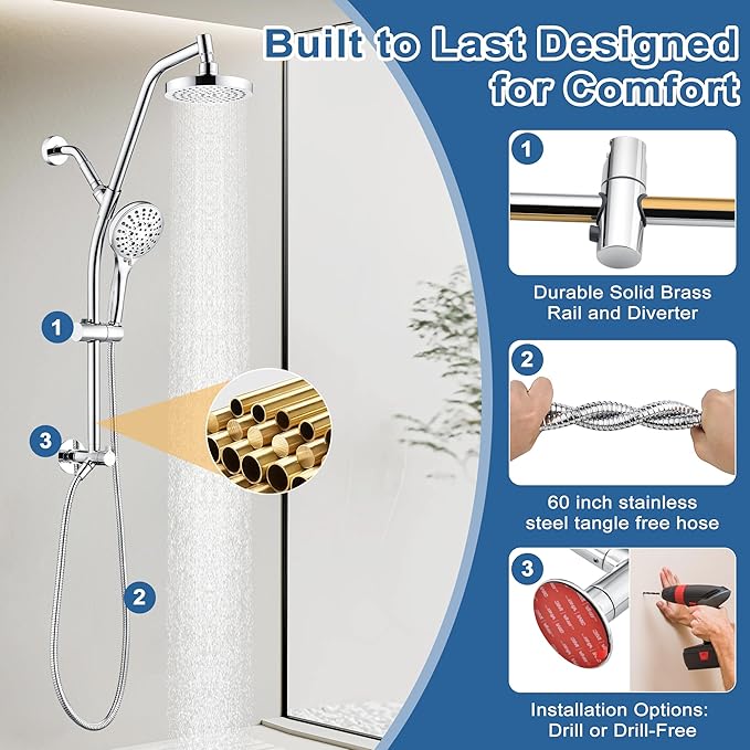 BRIGHT SHOWERS Rain Shower Head with Handheld Combo, Dual Shower System with Slide Bar, Rain Shower System, Adjustable Height, Brass Slide Bar & Diverter, 60 Inch Stainless Steel Hose, Chrome