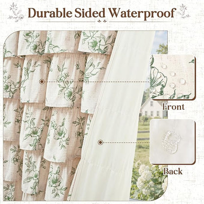 Extra Long Farmhouse Ruffle Shower Curtains with Green Floral, 72"Wx90"L | French Country Vintage Rustic Washable Waterproof Shower Curtain for Bathroom Bathtub, 12 Metal Hooks