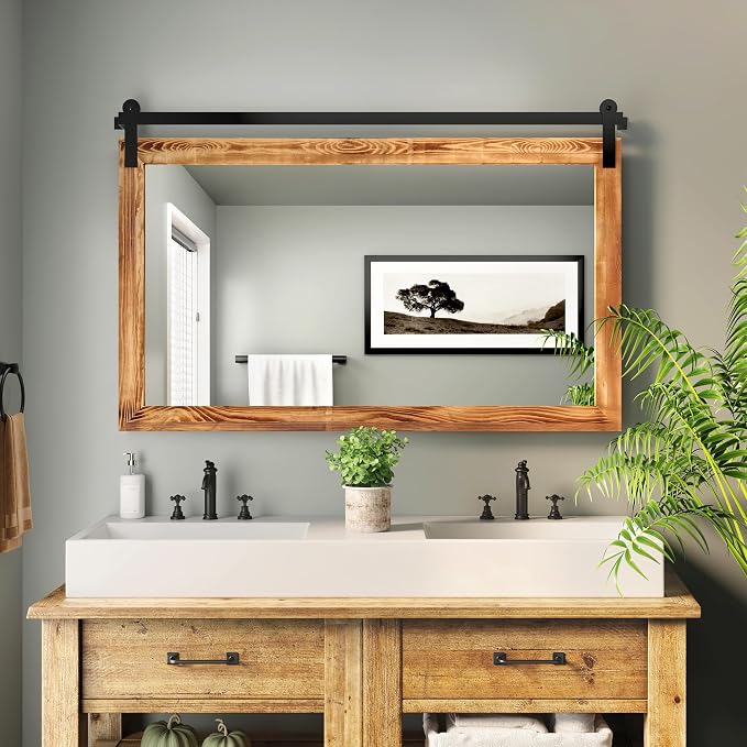 COGOOD Farmhouse Bathroom Mirrors for Over Sink - 30 x 49 Brown | Rustic Barn Door Wood Framed Vanity Mirror for Entryway, Living Room, Bedroom, Dresser Wall Decor