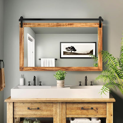 COGOOD Farmhouse Bathroom Mirrors for Over Sink - 30 x 49 Brown | Rustic Barn Door Wood Framed Vanity Mirror for Entryway, Living Room, Bedroom, Dresser Wall Decor