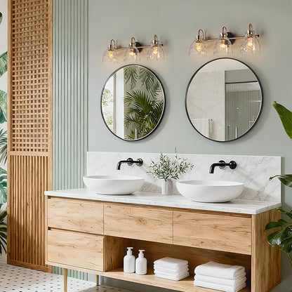 KSANA Modern Bathroom Light Fixtures, Vintage 3 Light Vanity Lights Over Mirror Black and Electroplated Brass Bathroom Vanity Light with Water Ripple Glass, 23" W