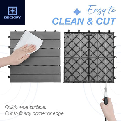 9-Piece Acacia Wood Interlocking Deck Tiles 12x12 in, Gray Striped | 6-Slat Wide Contact, Non-Slip Grip, 490 lb Capacity, Protective Oil-Rubbed Finish, Flat-Surface Install, Patio Ready