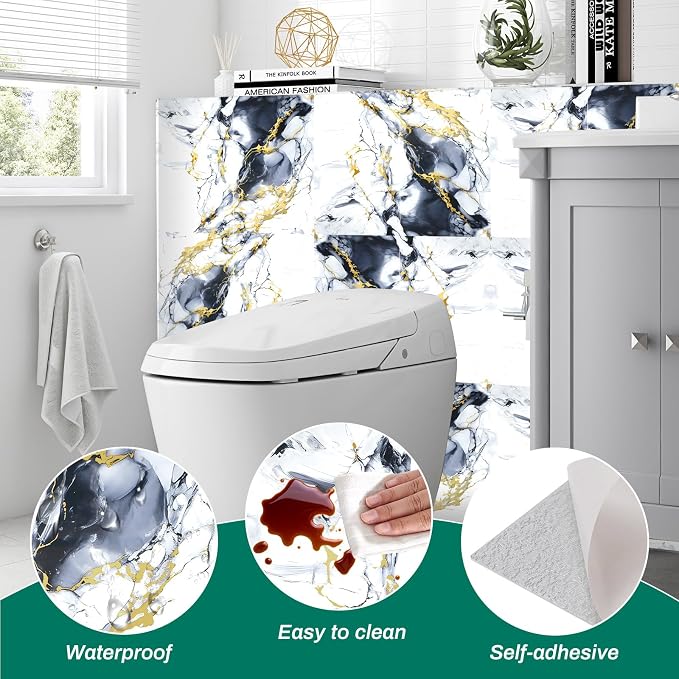 12pcs White and Black Marble Peel and Stick Tiles 23.6"x11.8" Waterproof Heat Resistant Self Adhesive Removable PVC Wall Panels for Kitchen Backsplash, Bathroom, Laundry (Not Real Tile, Not for Floor)