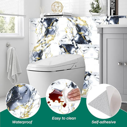 12pcs White and Black Marble Peel and Stick Tiles 23.6"x11.8" Waterproof Heat Resistant Self Adhesive Removable PVC Wall Panels for Kitchen Backsplash, Bathroom, Laundry (Not Real Tile, Not for Floor)