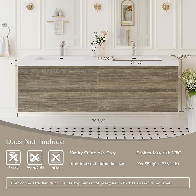 Floating Bathroom Vanity with Double Sinks, 72" Wall-Mounted Bathroom Storage Vanity Cabinet with Resin Top Basin and Soft Close Drawers, No Assembly Required, Ash Grey