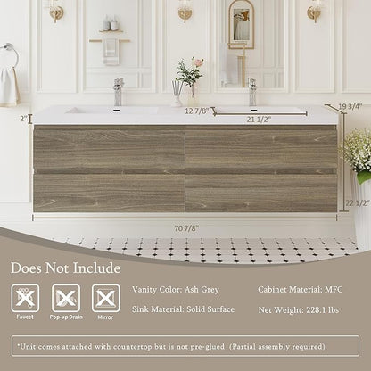 Floating Bathroom Vanity with Double Sinks, 72" Wall-Mounted Bathroom Storage Vanity Cabinet with Resin Top Basin and Soft Close Drawers, No Assembly Required, Ash Grey