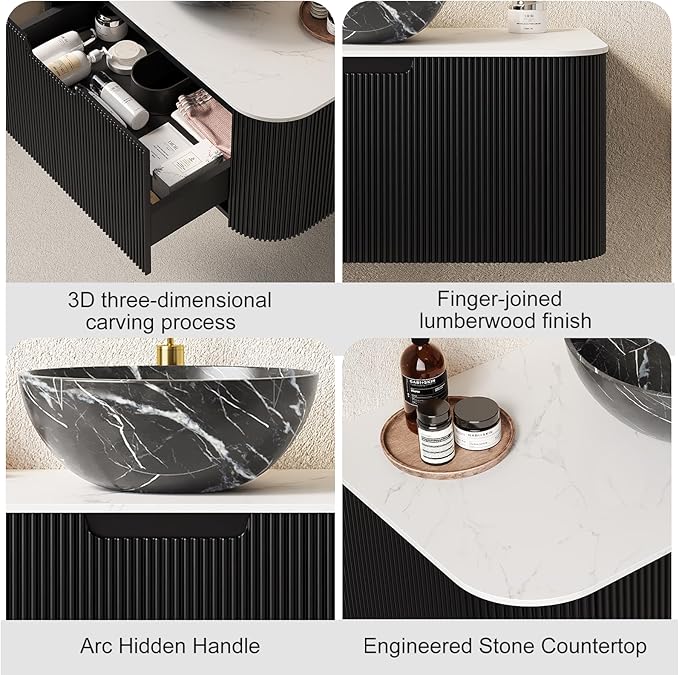 60" Floating Bathroom Vanity with Double Sink, Natural Solid Wood Modern Bathroom Vanities with Ultra-Thin Marble Sink and Countertop, Soft-Close Design, Pre-Assembled Cabinet, Black