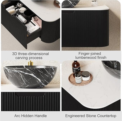 30" Floating Bathroom Vanity with Sink, Natural Solid Wood Modern Bathroom Vanities with Ultra-Thin Marble Sink and Countertop, Soft-Close Design, Pre-Assembled Cabinet, Black