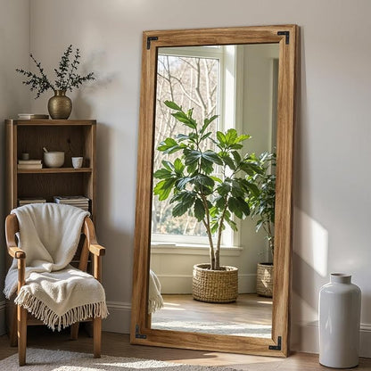FICTOR Full Length Mirror, 30" x 55" Wooden Floor Mirror for Wall | Solid Wood Frame, Rustic Farmhouse Style, Shatterproof Glass, for Bedroom, Living Room, Entryway Decor, Leaning/Hanging