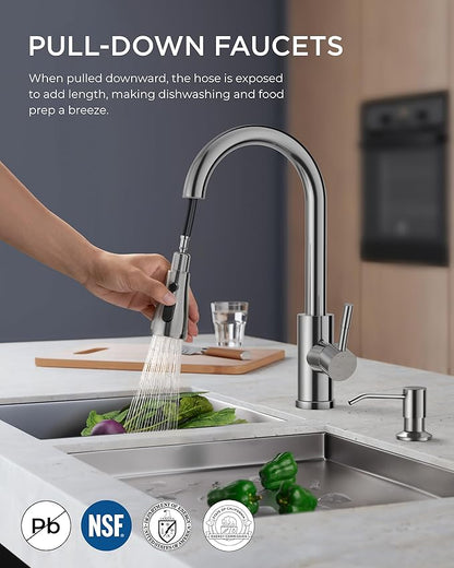 FORIOUS Kitchen Faucet with Soap Dispenser Chrome, Single Handle Stainless Steel Transitional Sink Faucet with Pull Down Sprayer 1 or 3 Hole, Suitable for Farmhouse Laundry Camper RV Bar