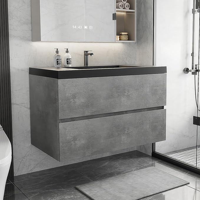 36 Inch Floating Bathroom Vanity with Sink Grey Wall Mount Floating Vanity | Scratch-Resistant Quartz Sand Sink, Two Soft Closing Drawers, Pre Assembled